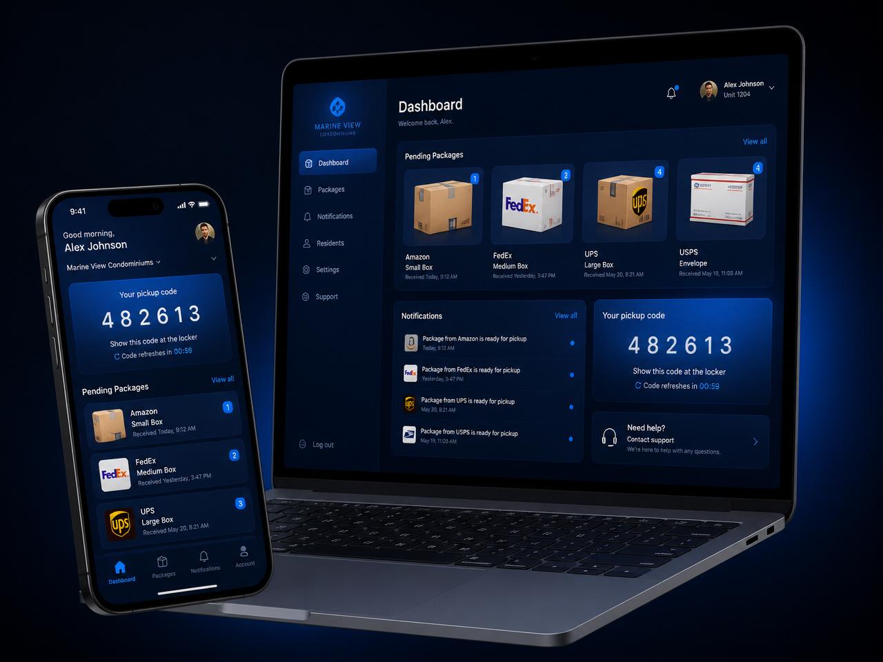 Interface do APPHOME no celular e no computador, com encomendas e código de retirada